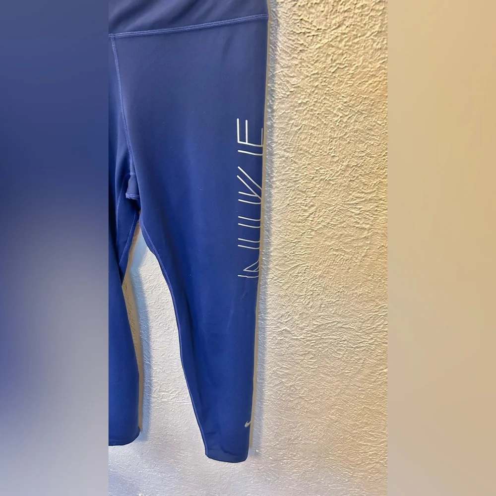 NIKE DRI FIT BLUE WOMEN'S SIDE LOGO‎ METALLIC SILVER RUNNING TIGHTS SZ M
